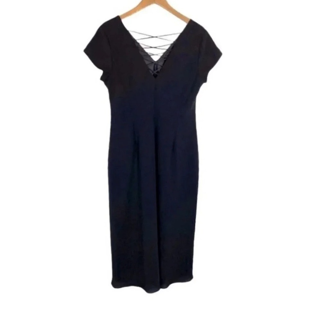 Jones Wear Dress 14 Black Lace Up V-Neck Cap Sleeve Sheath Cocktail Midi